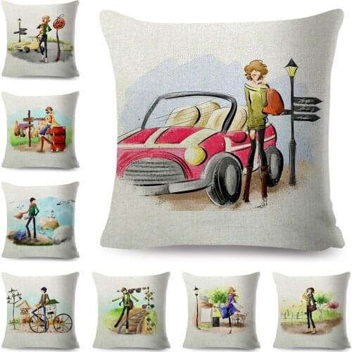 Vogue Cartoon Travel Life Cushion Cover Decor Fashion Lady Pillowcase Polyester Pillow Case for Sofa Home Car 45x45cm