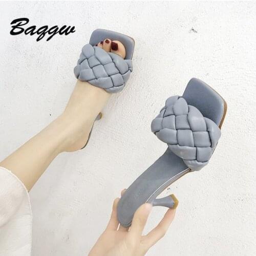 Women Slippers Thin High Heels Square Toe Mules Pumps Individual Weave Leisure Blue Office Ladies Beach Fashion Flip Flops Shoes