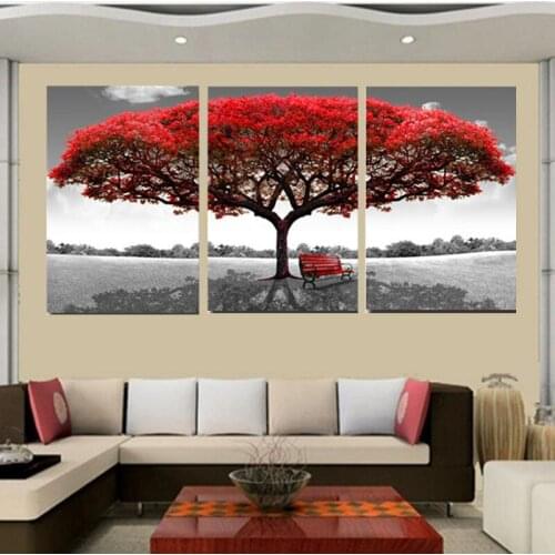 Canvas Wall Art Poster Home Decor For Living Room 3 Pieces Red Tree Art Scenery Paintings HD Prints Landscape Pictures Framework