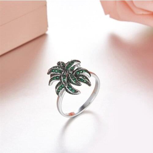 New Arrival Authentic 925 Sterling Silver Spring Coconut Tree Green CZ Leaves Ring Size5.6.7.8for Women Sterling Silver Jewelry