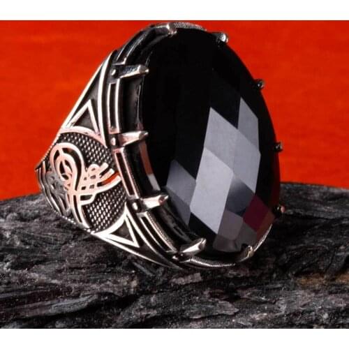 Ottoman Tughra Motif Men Ring Black Oval Faceted Zircon Gemstone Ring High Quality Fashionable Jewelry Men For Gifts