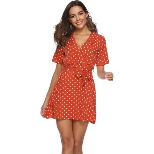 Dress Women Dot Print V Neck Sashes Slim Mini Dress Summer Casual Bandage Slim Office Lady A Line Dress Vestidos Mujer