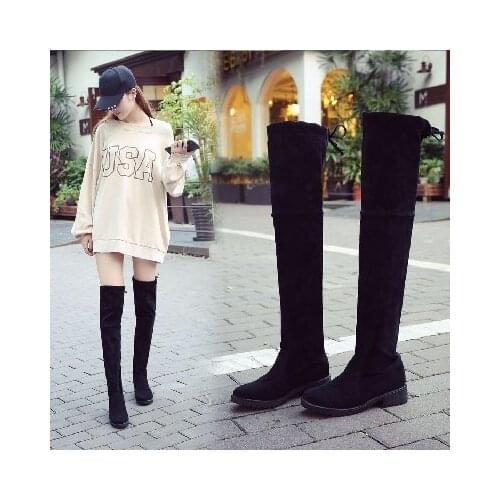 Size34-41 Winter Over The Knee Boots Women Stretch Fabric Women Thigh High Sexy Lace Up Woman Flat Shoes Long Bota Feminina