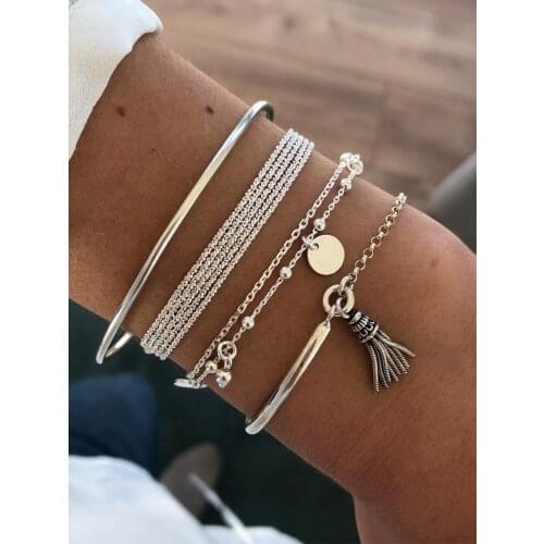 Stillgirl 4Pcs Vintage Beads Link Bracelets Set for Women Metal Silver Color Aesthetic Tassel Chains Female Gift Fashion Jewelry