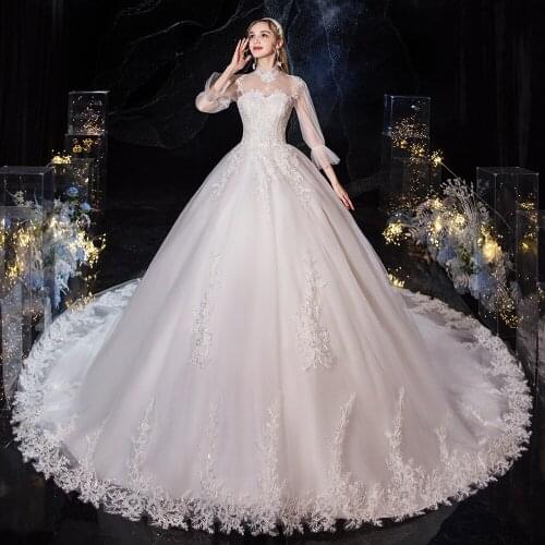 Wedding Dress 2020 New High Neck Full Sleeve Lace Up Ball Gown Luxury Lace Embroidery Wedding Dresses With Train Brides Dress