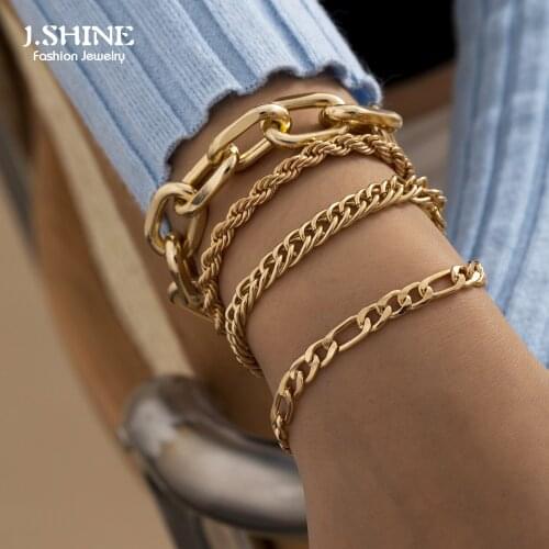 JShine 4Pcs/Set Vintage Cuban Chunky Chain Bracelet Bangle Women Men Bohemian Adjustable Link Twisted Chains Bracelets Set