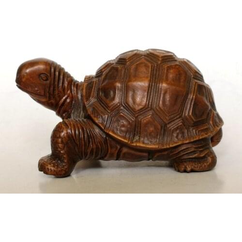 YIZHU CULTUER ART Collection China Old Boxwood Hand Carved Lovely Turtle Statue Family Decoration