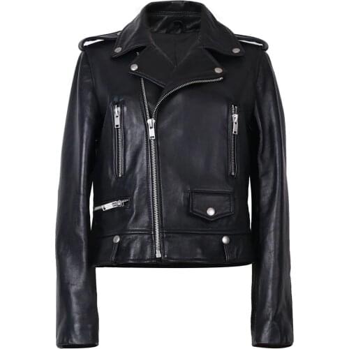 YOLOAgain Plus Size Jacket Women Ladies Classic Black Genuine Leather Jacket