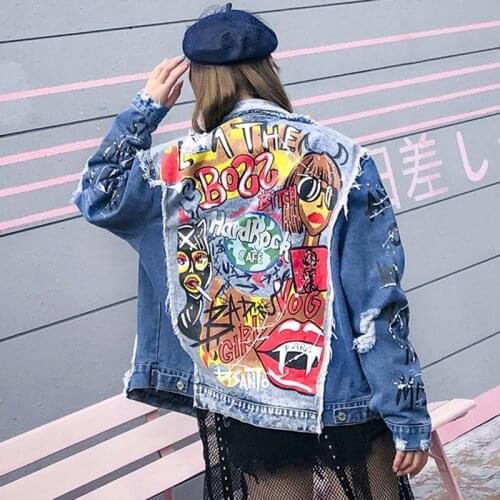 Women Letters Graffiti Harajuku Denim Jacket 2019 Autumn Abstract Pattern Ripped Hole Jean Coat Female Bomber Loose Casual PJ516