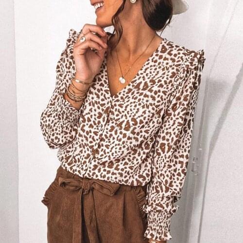 Ruffle V-neck Single Breasted Womens Shirt Floral Shirt Long Sleeves Leopard Casual Loose Blouse Shirts 2021 Summer Top Women