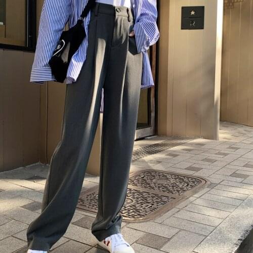 Women 2021 Chic Loose Solid Slim Full Length Casual OL Wide Leg Pants Plus Size Fashion Straight Casual High Waist Pants 9756