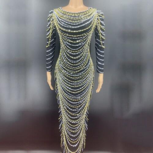 New Black Beaded Chain Long Dress Nightclub Bar Birthday Outfits For Women Celebrity Dresses Performance Stage Costume DNV13565