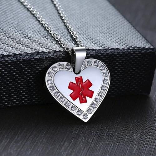 Women Personalize Engrave Medical Alert ID Crystal Heart Pendant Necklace Anti Allergy Emergency Reminder Info Jewelry
