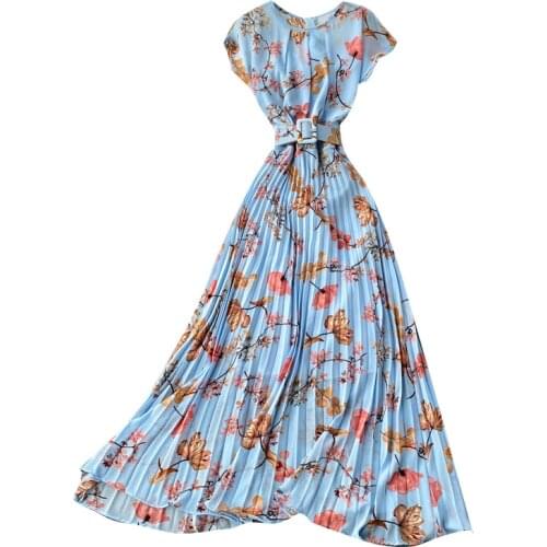 2021 New Summer Women O-Neck Short Sleeve Belt Slim Long Dress Sweet Floral Pleated Hem Chiffon Vacation Dress