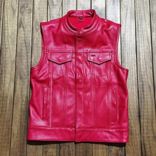 SOA Mens Motorcycle Club Leather Vest Red Cowhide Stand Collar Sleeveless Jacket Man Casual Biker Genuine Leather Waistcoat