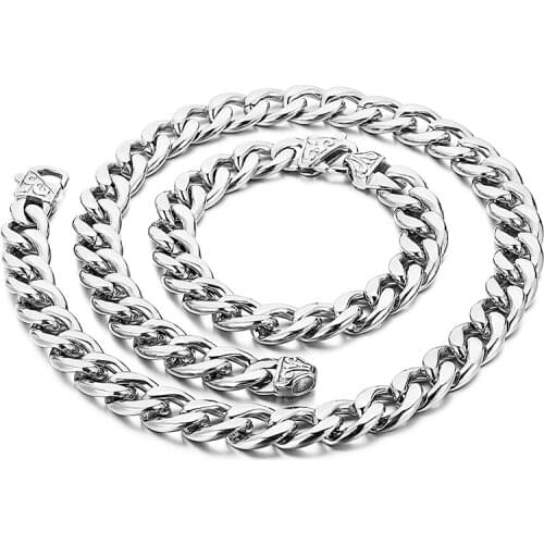 11MM / 15mm wide silver stainless steel Material curb cuban chain necklace bracelet mens hip-hop jewelry set