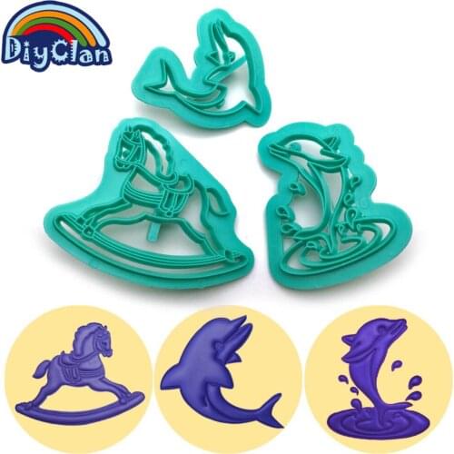 3pcs/Set Dolphin Trojan Plastic stamp Embosser Cake Fondant Sugarcraft Cookie Decorating Cutters Cake Mold Baking Tools C0111