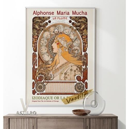 Alphonse Maria Mucha Romanticism Exhibition Museum Poster Zodiaque Or La Plume Art Nouveau Prints Canvas Painting Home Decor
