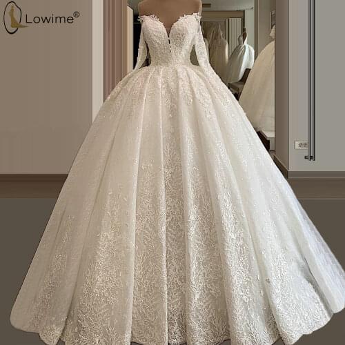 Puffy Ball Gown Ruched Wedding Dresses Long Sleeve Sequined Applique Beads Lace-up Count Train Bridal Gowns Vestidos De Novias