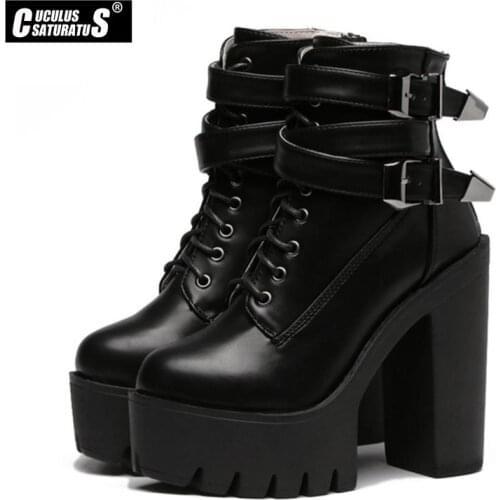 Cuculus Spring Autumn Fashion Women Boots Black Ladies Shoes Promotion High Heels Platform Buckle Lace Up Leather Short Booties