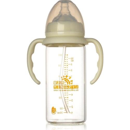 Baby Products Processing 300ml Wide Mouth Crystal Diamond Glass Feeding Bottles with Handle