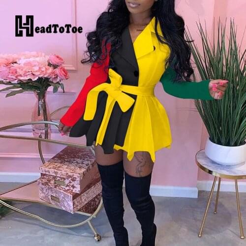 Colorblock Print Double Breasted Sashes Fashion OL Dresses for Women Full Sleeve Turn Down Collar Pleated Dress Women