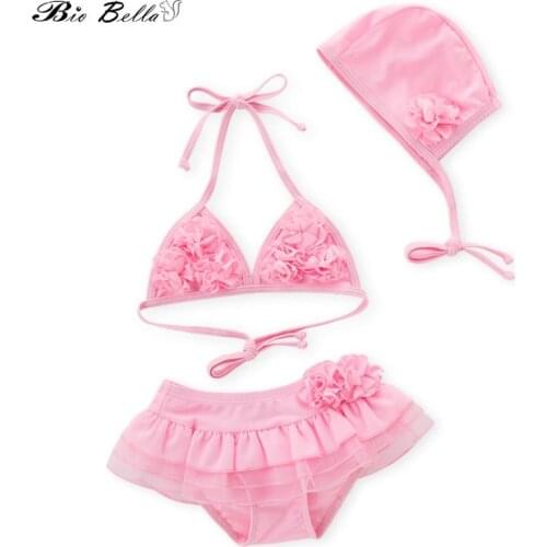 Children Girls Bikini Swimwear Fashion Pink Kids Girl Swimsuit Tops+Pants+Cap 3pcs Biquni Bikini Suit For 3-7 Years Bathwear