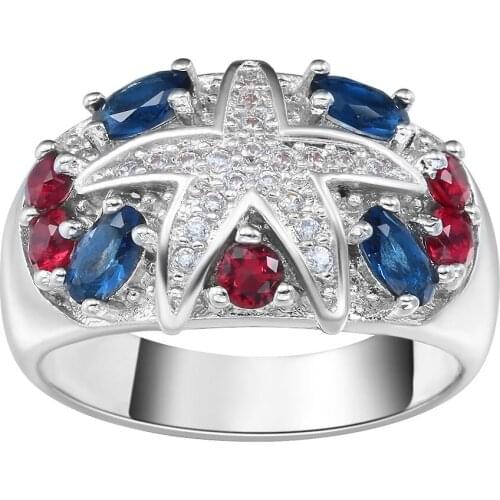 Hainon Newest Silver Color Ring Big Starfish Paved Shiny White Crystals Blue Red Cubic Zircnia Wedding Rings Women Accessory