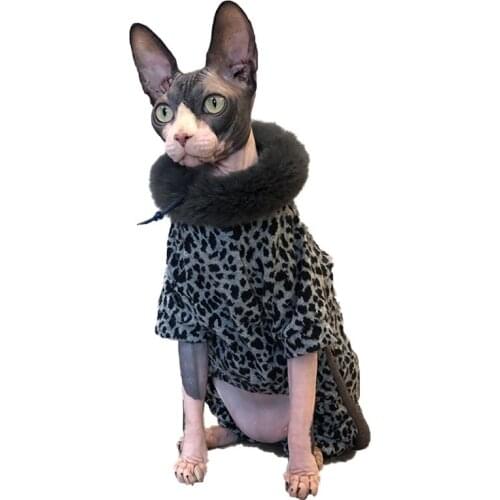 Pet Cat Jacket Hairless Cat Clothes Dog Leopard Print Plus Velvet Four-legged Jumpsuit one-piece Fur Collar