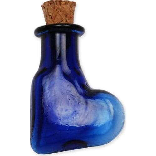Small wish glass bottle with cork stopper, blue glass heart message vial with cork mini glass container