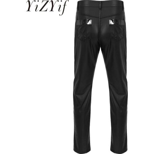 Mens Faux Leather Long Pants Male Stage Show Clubwear Fashion Motorcycle Mid Waist Trousers with Pockets Patchwork Leggings