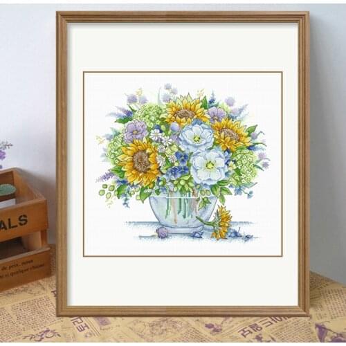 2021 latest Flower pattern Cross stitch complete kit Sunflowers blooming in a vase in a Russian Spanish suite include tools