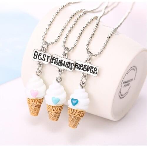 Set of 3Free shipping Best Friends BFF resin ice-cream pendant bead chain necklace,3 colors lead nickel cadmium free kids jewelr
