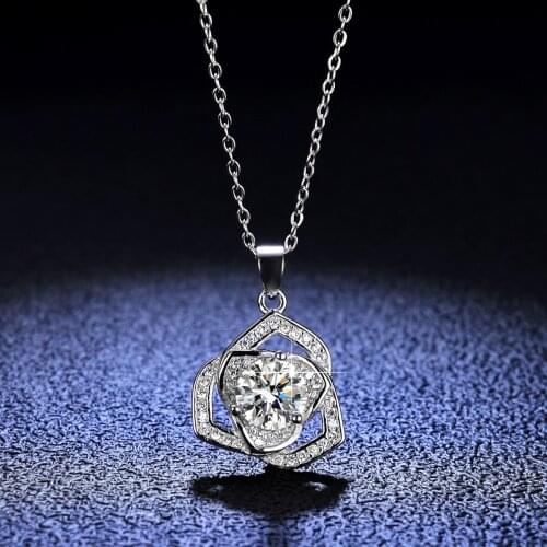 Silver 925 Original Diamond Test Past Brilliant Cut 1 Carat D Color Moissanite Rose Pendant Necklace Gemstone Wedding Jewelry
