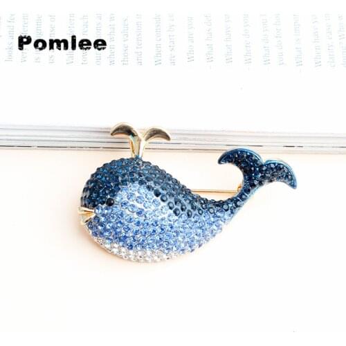 Pomlee Blue Rhinestone Whale Brooch Animal Fish Pin Gold New Design Jewelry Winter Coat Accessories Good Gift