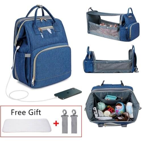 Baby Diaper Bag Removable Folding Bed Backpack USB Charging Mummy Bag Sunshade Maternity Nappy Bag Waterproof Large Capacity Bag