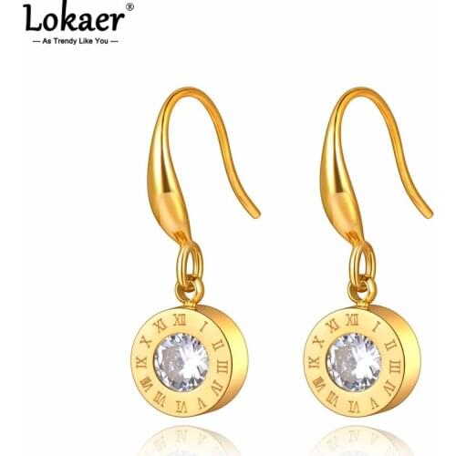 Lokaer Classic 316L Stainless Steel Roman Numeral Wedding Earrings For Women Fashion CZ Crystal Dangle Earrings Jewelry E21079