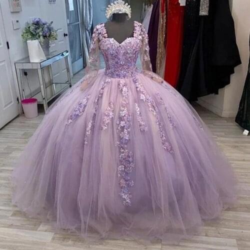 Light Purple Ball Gown Quinceanera Dress Sweetheart 2021 Applique Long Sleeves Sweet 16 Dress Pageant Gowns vestidos de 15 anos