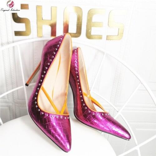 Fuchsia Patent Leather Cross Strap Dress Pumps Women Stiletto Heels Fashion Pointed Toe Shallow Rivet Sandals Ladies Party Shoes