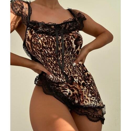 Women Summer Nightdress Leopard Print Lace-Trim Strappy Sleeveless Cropped Dress Lingerie for Ladies Babydolls Exotic Dresses
