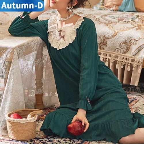 Womens Pajamas Long Sleeve Night Dress Women Cotton Sleepwear Lace Home Clothes Sexy Female Nightie Plus Size Retro Nightgowns