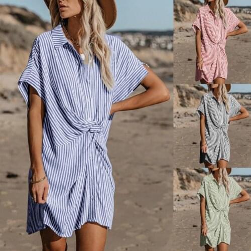 Women Dresses Summer Lapel Collar Elegant Polyester Short Sleeve Vertical Striped One-piece Dress for Lady Sundress Robe 2XL