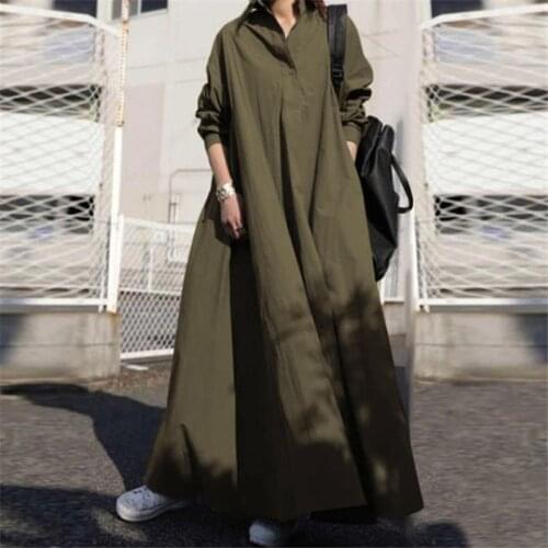 Plus Size Solid Dress Casual Vintage Women Turn-Down Collar Sundress Female Autumn Dress Long Sleeve Loose Cotton Linen Vestidos
