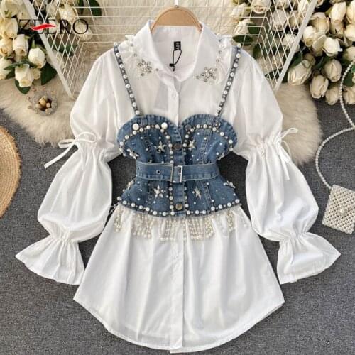Clothing Women Casual Vintage Dresses Womens Female Lapel Long Slevee Mini Shirt Dress + Tassel Beaded Star Denim Vest Suit