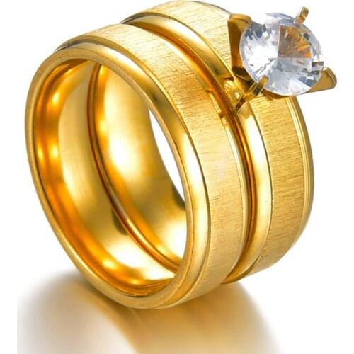 2pcs/Set Crystal Couple Rings for Women Men Gold Zircon Bridal Sets Stainless Steel Frost Engagement Band Ring Wedding Jewelry