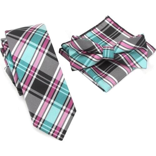 2019 Slim Tie Plaid Ties Set Bowtie Handkerchief Pocket square Necktie 21 colors