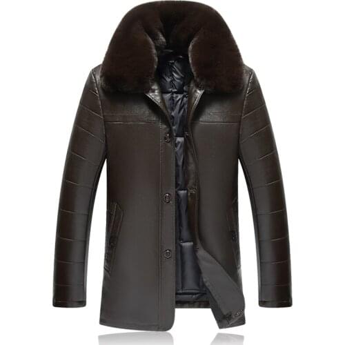 2019 Winter Faux Leather PU Jacket Mens Medium Long Coat Detachable Big Fur Collar Jacket For Men Medium-aged Leather Outwear