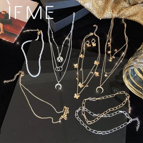 IF ME Fashion Multilayer Star Butterfly Map Chain Necklaces for Women Moon Pearl Necklace Letter Pendant Necklace Jewelry New