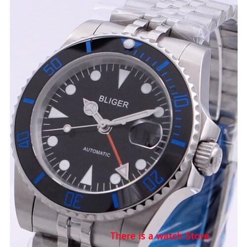 Bliger 40mm Automatic Mechanical Mens Watch Business Sapphire Crystal GMT Watch Luminous Waterproof Calendar Wristwatch Men