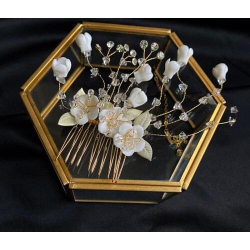 White Porcelain Flower Bridal Comb Hair Piece Crystal Pearls Wedding Jewelry Handmade Women Headpiece Hair Ornament